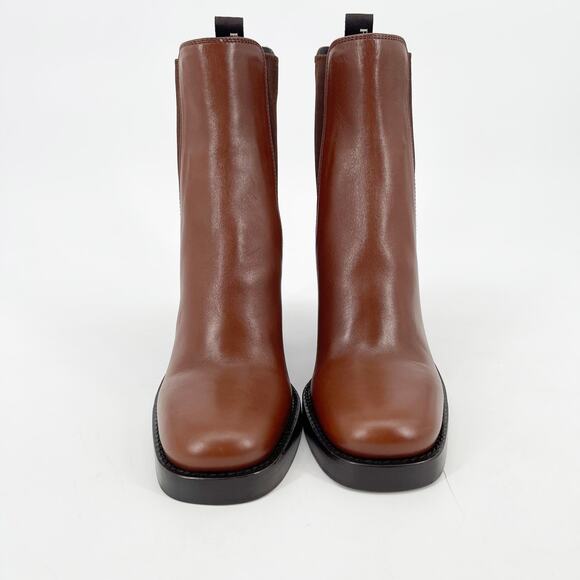 Prada Cognac Brown Leather Square Toe Block Heel Platform Chelsea Boot IT 37 - Picture 5 of 12